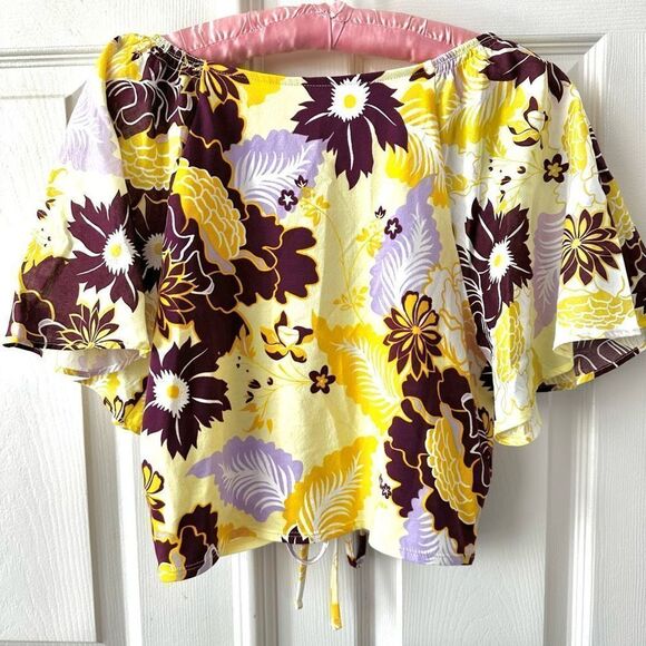 Maeve Anthropologie cinched yellow floral flutter  sleeve tie top - Picture 8 of 12